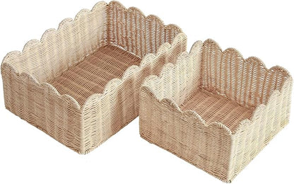 Scalloped Basket, Wicker Storage Baskets, Hand Woven Baskets for Shelves,Natural Baskets for Organizing (M-14" L x 10.5" W x 6" H-Rattan)