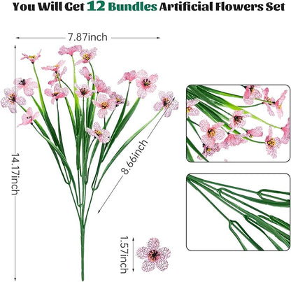 Lnoicy 12 Pcs Artificial Flowers for Outdoor,Plastic Flowers Decoration, UV Resistant Faux Flowers Shrubs, Artificial Plants for Indoor Outside Garden Home Wedding Farmhouse（Pink）
