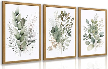 LLEEMPI Sage Green Wall Art Set of 3, Modern Watercolor Botanical Wall Decor, Eucalyptus Leaf Canvas Painting, Classic Minimalist Florals Poster Print for Bedroom Bathroom Office Wood Framed 16x24 Inch
