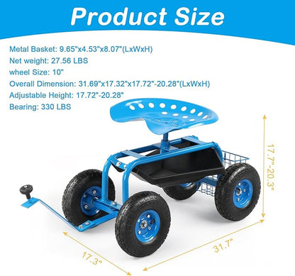 Outvita Garden Cart Gardening Workseat w/Wheels, Rolling Work Seat with Adjustable 360 Degree Swivel Seat, Basket and Tool Tray, Patio Wagon Scooter for Lawn Yard Outdoor Planting（Blue）