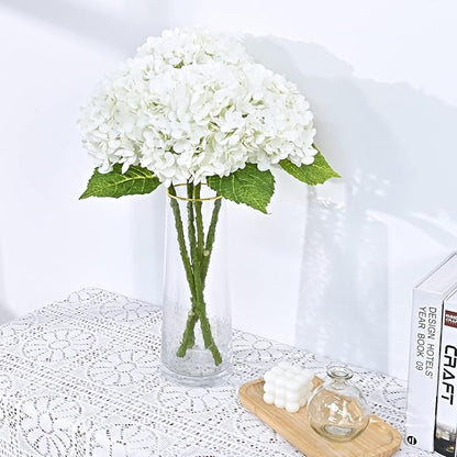 Waipfaru 21" Real Touch White Hydrangea Artificial Flowers with Long Stem & Leaves, Full Latex Faux Hydrangea Flowers for Home Decor Party Floral Arrangements Wedding Bouquets Centerpieces, 4Pcs