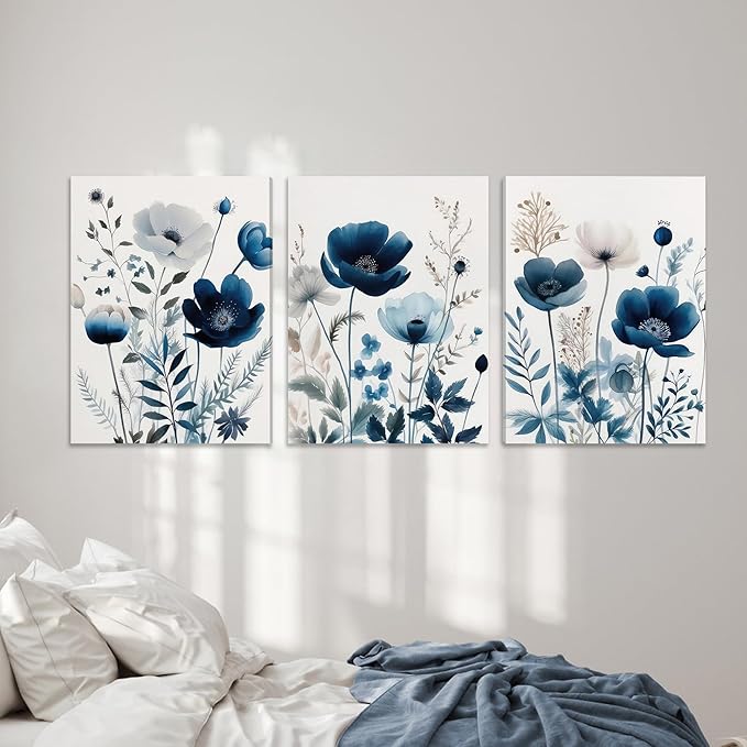 DUWQU 3 Pcs Blue Floral Canvas Wall Art, Elegant Navy Blue Wildflower Lily Daisy Wall Decor, Watercolor Botanical Flower Home Poster Art Prints for Living Room Bedroom Bathroom 16×24 Inches