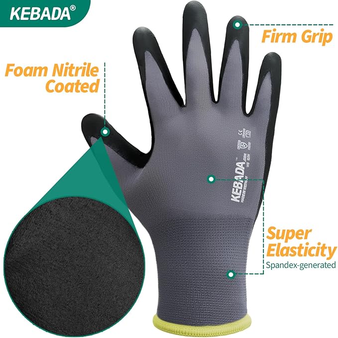 Kebada W5 Work Gloves Bulk Pack (60 Paris), Foam Nitrile Coated Working Gloves with Grip, Knitted with Spandex and Nylon, Ideal for Delivery, Warehouse, XS