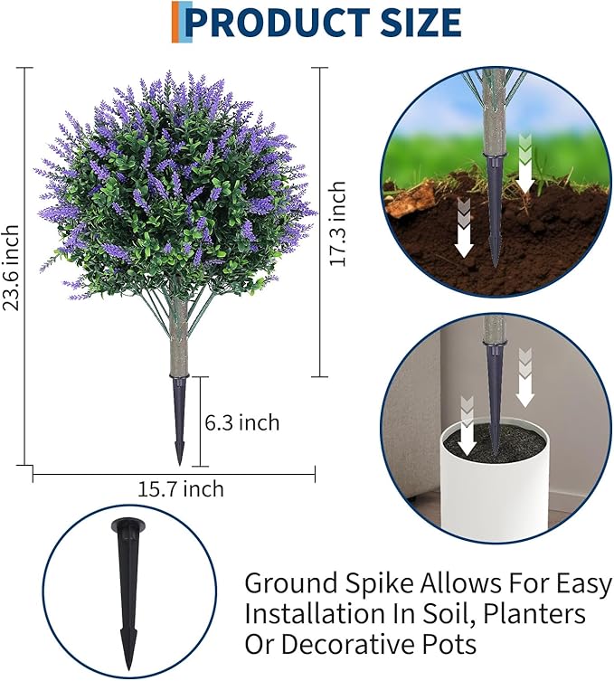 Garvee Set of 2 Artificial Lavender Topiary Ball Trees, 23" H UV Resistant Faux Boxwood Bushes with Ground Spike, Outdoor Fake Shrubs Evergreen Decorative Plant for Indoor Porch Garden Backyard
