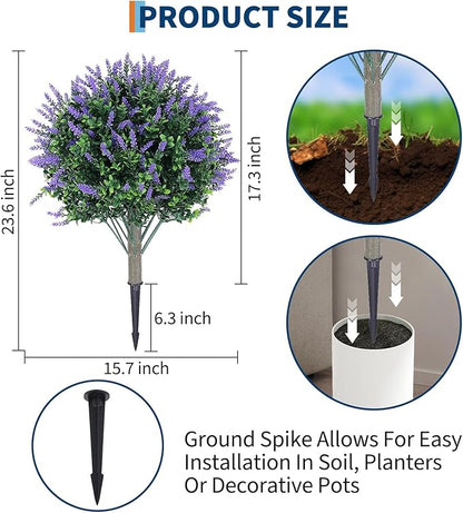 Garvee Set of 2 Artificial Lavender Topiary Ball Trees, 23" H UV Resistant Faux Boxwood Bushes with Ground Spike, Outdoor Fake Shrubs Evergreen Decorative Plant for Indoor Porch Garden Backyard