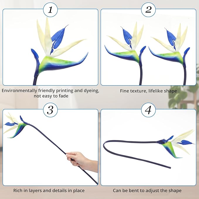 Hanaive 12 Pcs Bird of Paradise Artificial Plant 24 Inches Hawaiian Tropical Flowers Fake Rubber Strelitzia Faux Flowers Bouquet for Home Garden Office Wedding Indoor Outside Party Decor DIY (Blue)