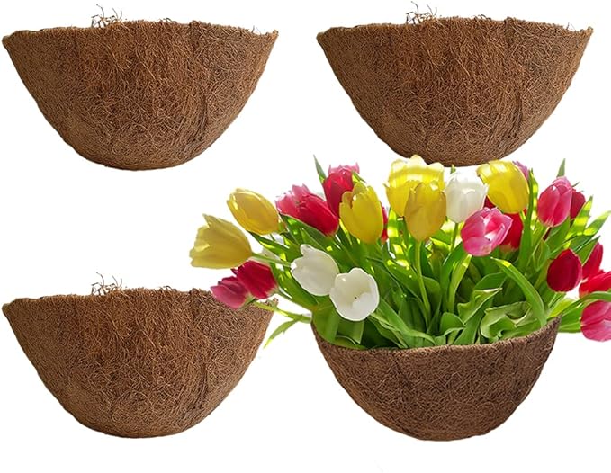 4PCS Coco Liner for Hanging Basket 24 Inch Round 100% Natural Planter Liner Replacement Plant Basket Liners Coco Fiber Liner for Garden Planters Coconut Coir Liner Flower Pot for Hanging Basket