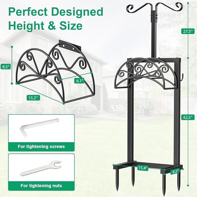 TomCare Garden Hose Holder with Shepherds Hooks Heavy Duty Water Hose Holder Holds 160 FT Hoses Freestanding Hose Reel with 2 Tool Hooks Stable Hoses Hanger Storage Stand for Outside Yard, Black