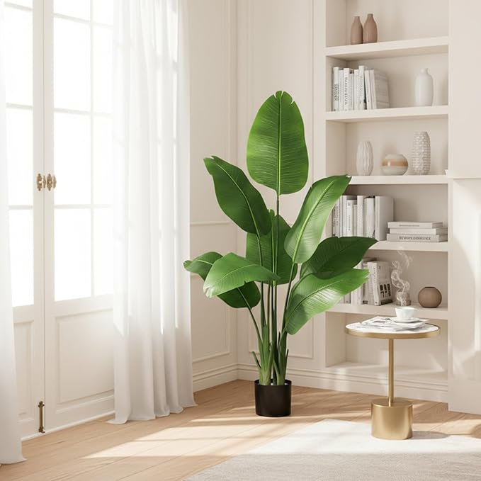 Artificial Bird of Paradise Plant, Faus Palme Trees, 7FT Tall Faux Tree for Indoor and Outdoor, Artificial Plants with Basic Planter, Suitable for Home, Bathroom, Porch Outside Patio Decor