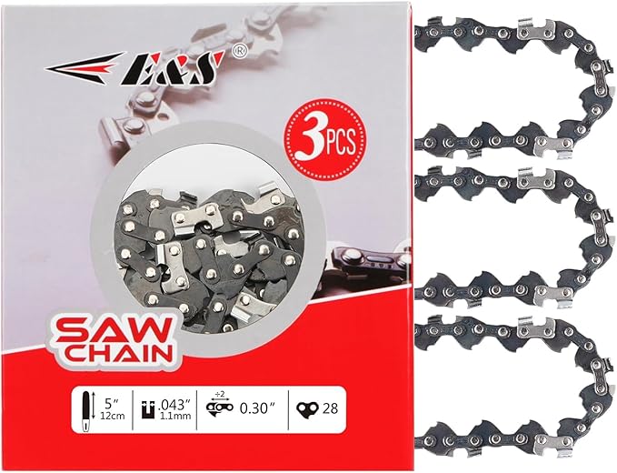 E & S 3 Pack 5 Inch Chainsaw Chain 0.30" Pitch .043" Gauge 28 Drive Links Semi-Chisel Chain Saw Chains for Husqvarna, Poulan, Craftsman, Greenworks and More Chainsaw Brands