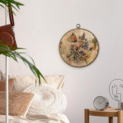 MAQIKA Farmhouse Butterfly Floral Framed Wall Art Decor, Butterfly Home Decor, Wildflower Round Wall Hanging Decor, Vintage Butterflies Canvas Prints Wall Art for Office Liviing Room, 10x10 Inch