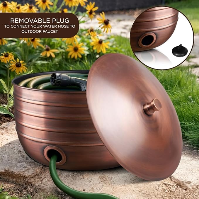 Monarch Abode Garden Hose Holder with Lid – Decorative Water Hose Holders for Outside, Border Embossed Metal Antique Copper Pot with Drainage, 100ft Waterhose Holder for Outside, Garden Storage Caddy