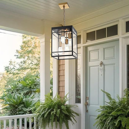 Large Outdoor Pendant Light Fixture for Porch, Black Brass Outdoor Hanging Lantern Pendant Light with Clear Glass, 4 Lights Exterior Porch Chandelier for Outside Patio,Front Door,Enterway