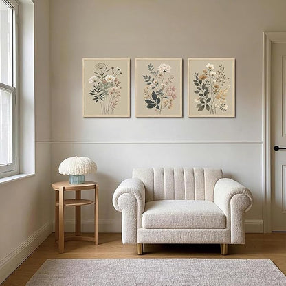 CHMMART 3 Piece Botanical Floral Framed Wall Art Vintage Flower Canvas Art Prints Wildflower Pictures Wall Decor Nature Painting Artwork for Living Room Bedroom Bathroom 12x16in