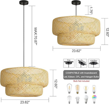 23.6IN Bamboo Pendant Light Fixtures, Hand-Woven Ceiling Hanging Chandelier, 4-Light Bohemian Large Basket Pendant Lights for Kitchen Island Dining Living Room Bedroom Restaurant