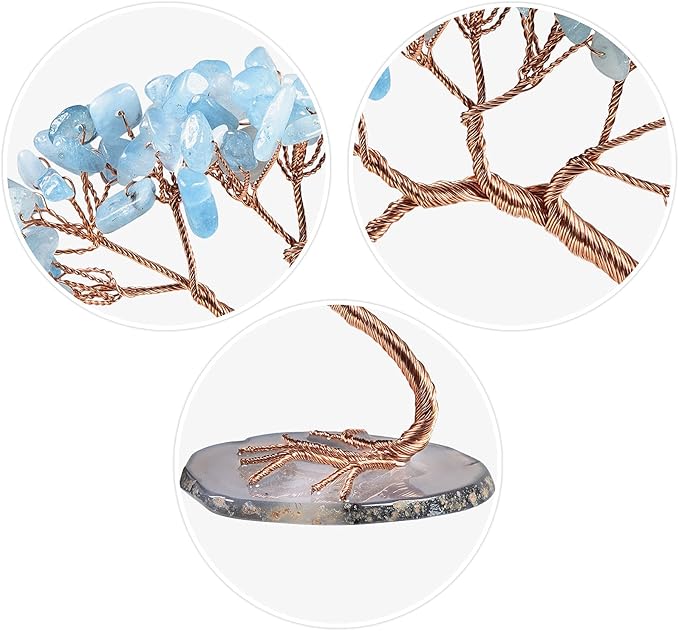 mookaitedecor Natural Aquamarine Crystal Money Tree Agate Slice Base Feng Shui Bonsai Crystal Tree for Wealth Luck Desk Decor, 3-4 Inch High