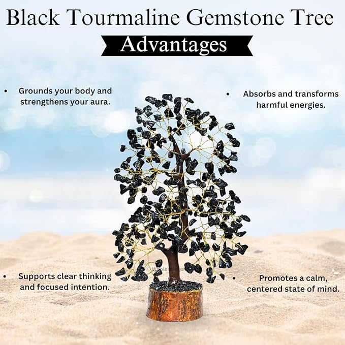 GEMSCITE Black Tourmaline Crystal Tree with Golden Wire – Handmade Gemstone Bonsai for Protection, Grounding & Home Decor