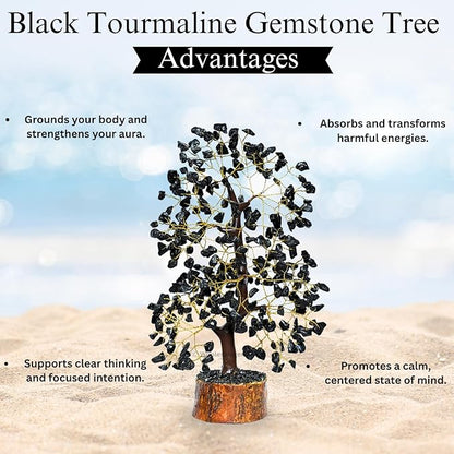 GEMSCITE Black Tourmaline Crystal Tree with Golden Wire – Handmade Gemstone Bonsai for Protection, Grounding & Home Decor