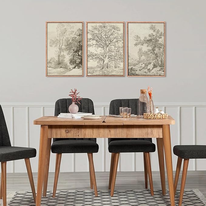 Ausril Large Vintage Sketchbook Framed Canvas Wall Art Set, Minimalist Tree Sketch Wall Decor, Neutral Botanical Wall Painting, Boho Nature Landscape Art Print Living Room, Bedroom, Office 16"x24"x3