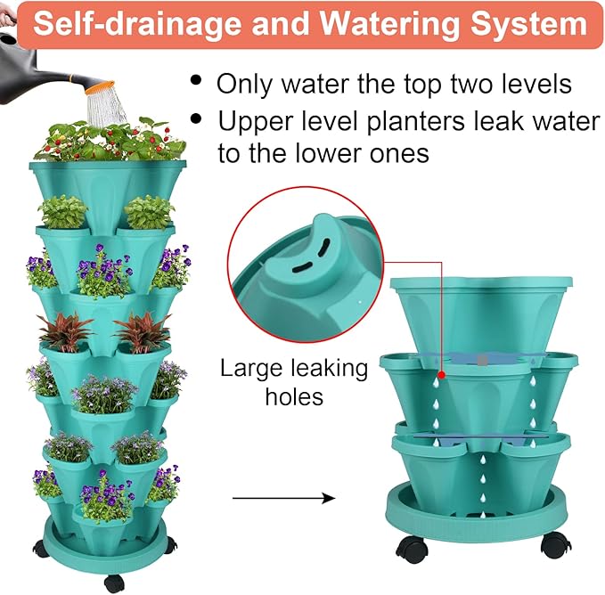 GameXcel Vertical Planter 7 Tier Stackable Planters Garden Planters Strawberry Herb Flower and Vegetable Planter Indoor Outdoor Gardening Pots with Removable Wheels and Tools