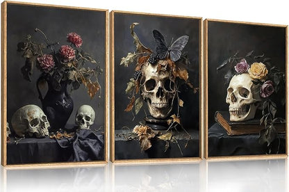 Large Vintage Skull Halloween Floral Framed Canvas Wall Art Set, Abstract Skeleton Butterfly Wall Decor,Moody Dark Rose Artwork for Living Room,Bedroom,Dining Room,Office -16"x24"x3