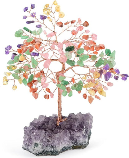 Gemstone Crystal Treeof Life,Chakra Tree Multi Stone Amethyst Cluster Base,Feng Shui Home Decor Bonsai Money Tree,Positive Energy Healing Crystals,Spriture Gift,Size 5.5"-6.3"