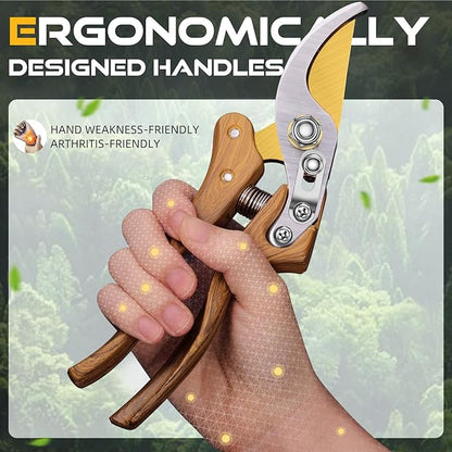 DECERK 8.5" Professional Bypass Pruning Shears – Heavy Duty Garden Scissors & Clippers for Wood & Tree Trimming, Ultra Sharp SK5 Blade, Ergonomic Handle, Perfect Gardening Gift, 2025 Wood-Like Finish