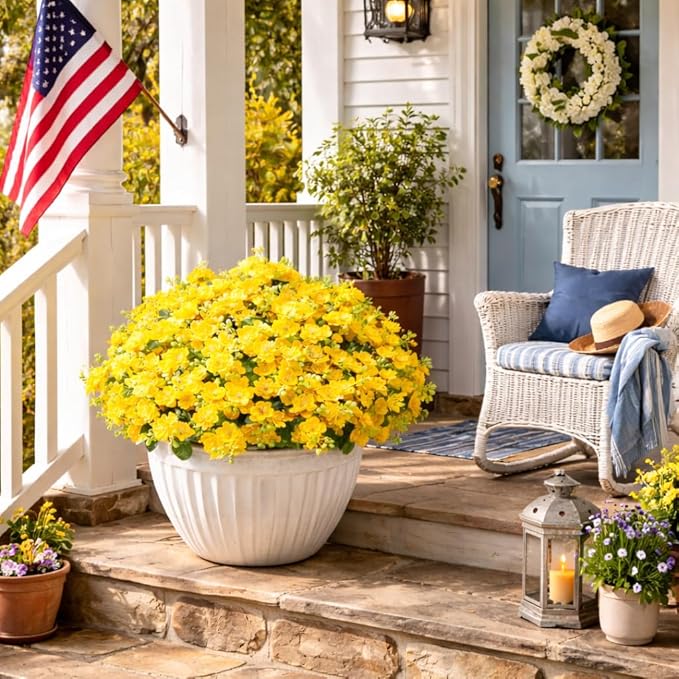 alyptus Artificial Flowers for Outdoors, 12 Bundles UV Resistant Spring Fake Flowers for Porch, Patio & Garden Decor – Realistic Outdoor Fake Plants with Lasting Color - Yellow