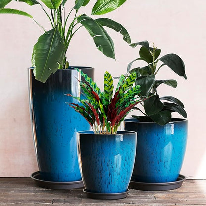 Large Plastic Planters with Tray 11"/12"/21" H Set of 3 for Indoor Outdoor Lightweight Use, Decorative Flower Pots Tall Plant Pot of Garden, Patio, Front Porch Corner Blue Color Round