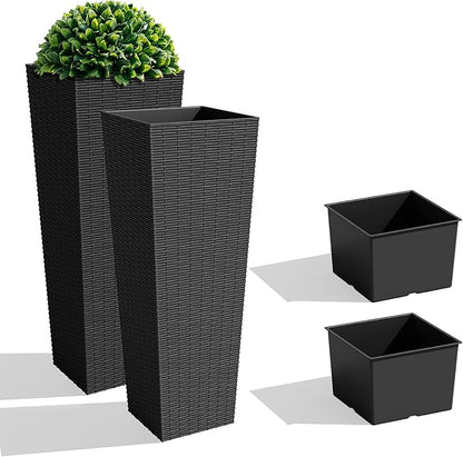 JUMMICO Set of 2 Resin Rattan Tall Planters for Outdoor Plants, Large Tapered Planters with Drainage Holes&Inner Trays, Flower Pots for Garden, Patio, Porch, Backyard (Black, 32'')