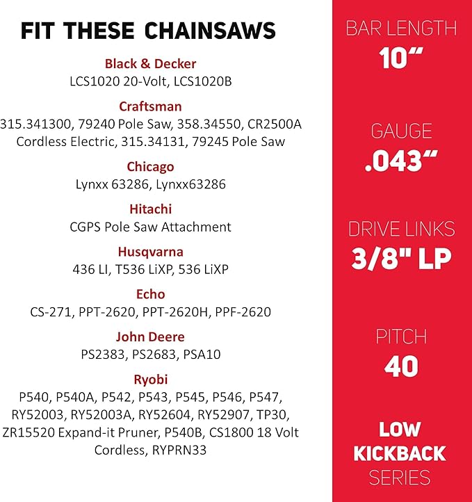 E & S 3 Pack 10 Inch Chainsaw Chain 3/8" LP Pitch .043" Gauge 40 Drive Links Semi-Chisel Chain Saw Chains for Husqvarna, Poulan, Craftsman, Greenworks and More Chainsaw Brands