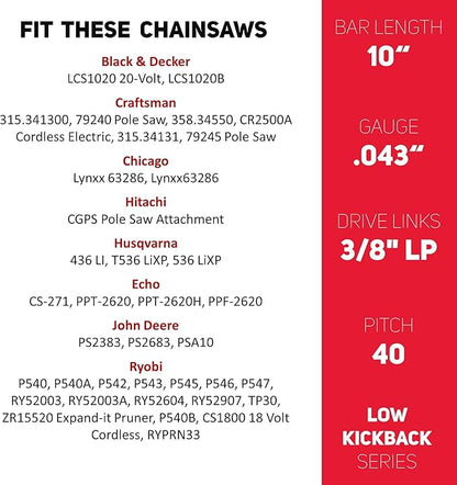 E & S 3 Pack 10 Inch Chainsaw Chain 3/8" LP Pitch .043" Gauge 40 Drive Links Semi-Chisel Chain Saw Chains for Husqvarna, Poulan, Craftsman, Greenworks and More Chainsaw Brands