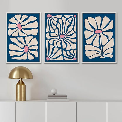 Ashbrook Framed Canvas Print Wall Art Set Mid-Century Modern Navy Blue Flowers Nature Wilderness Illustrations Modern Art Floral Botanical Minimal Calm/Relax/Cozy for Bedroom - 16"x24"x3 White