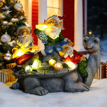 Upgraded Size Christmas Gnomes Outdoor Statue Three Gnomes Having Party on Turtle with 7 LED Solar Figurine for Garden Lawn,Patio,Yard Decor Unique for Grandfather, Father,Grandma,Wen