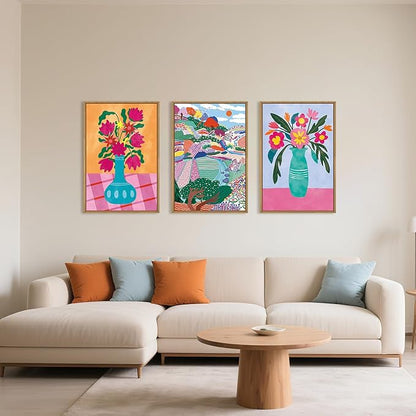 HOURIA Colorful Flower Field Landscape Framed Canvas Wall Art Set,Abstract Pink Floral Vase Wall Decor,Natural Botanical Tree Artwork,Modern Sunrise Art Prints for Living Room,Farmhouse-16 x24 x3