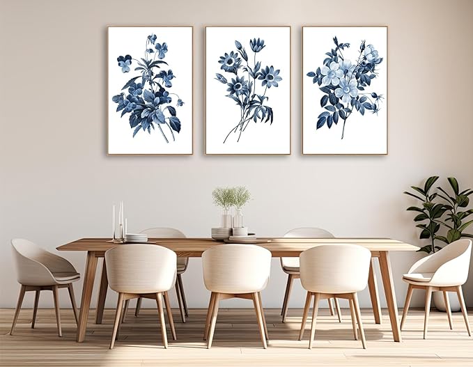 Large Framed Canvas Wall Art - Natural Float Framed Indigo Flowers Picturtes for Living Room Decor Retro Blue Floral Botanical Artwork Plants for Bedroom Kitchen Home Office Decor 96" X 48" Set of 3