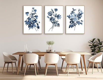 Large Framed Canvas Wall Art - Natural Float Framed Indigo Flowers Picturtes for Living Room Decor Retro Blue Floral Botanical Artwork Plants for Bedroom Kitchen Home Office Decor 96" X 48" Set of 3