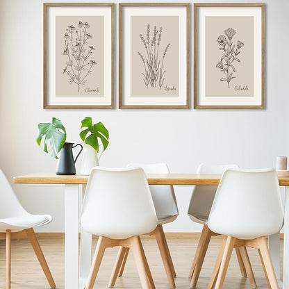 TQianJiang Vintage Botanical Wall Art 24"x16" Set Of 3 Wood Framed Wildflower Pictures Wall Decor for Bedroom Minimalist Wall Hanging (Wood)