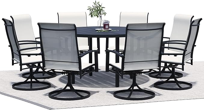 9 Piece Outdoor Dining Set, 60" Black Round Outdoor Dining Table with 8 Oyster Beige Swivel Patio Table and Chair Set of 8 for Lawn, Garden, or Porch