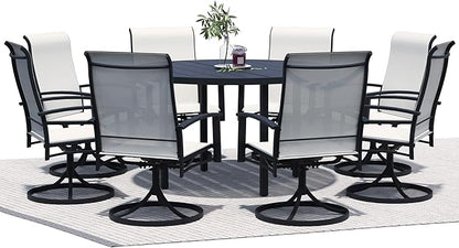9 Piece Outdoor Dining Set, 60" Black Round Outdoor Dining Table with 8 Oyster Beige Swivel Patio Table and Chair Set of 8 for Lawn, Garden, or Porch