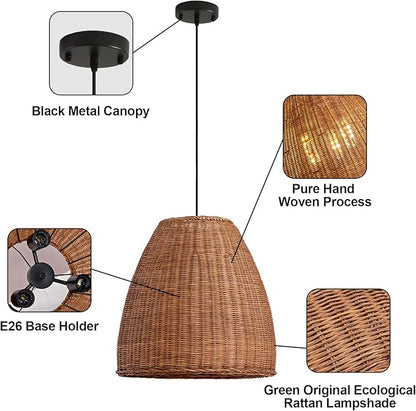 Rustic Rattan Chandelier Light Fixtures, 16.5IN Boho Hand Woven Pendant Light, 3-Lights Farmhouse Lampshade Dinning Room Hanging Lamp for Living Room Kitchen Island Hallway Bedroom Hallway