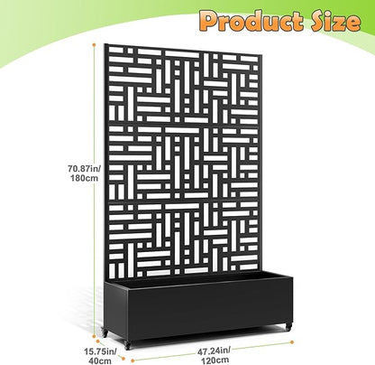 Metal Raised Garden Bed with Trellis, 2-in-1 Planter Box & Privacy Screen for Climbing Plants, Outdoor Standing Flower Bed with Drainage Holes, 47.2" L x 16.7" W x 70.8" H, Black-Helen