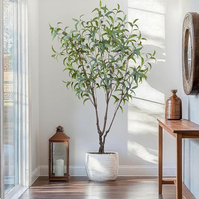6.89ft Aritificial Eucalyptus Trees for Indoor Home Decorations, Tall Faux Eucalypt Trees with Lifelike Leaves for Outdoor Decor, Nearly Natural Fake Floor Plants for Living Room Office
