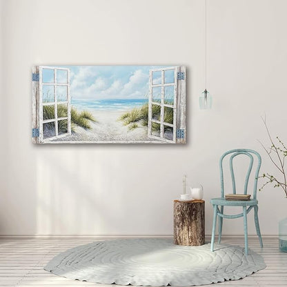 Window Beach Wall Art Prints Large tropical Seascape Picture Coastal Ocean Landscape Canvas Bedroom Blue Ocean Artwork Relaxing Living Room Sea Scene Painting Horizontal Summer Seascape Decor 48 x 24