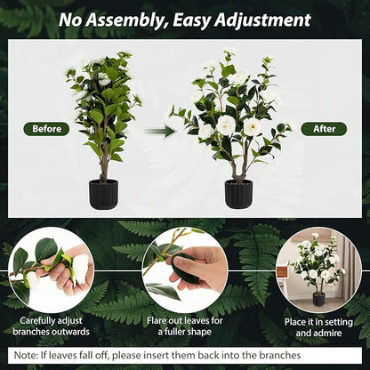 Goplus 38’’ Artificial Camellia Tree, Flower Plants Artificial Tree, Faux Floral Plant Blooming Tree in Cement Pot, Greenery Potted Plant for Indoor Outdoor Office Home Porch Decor