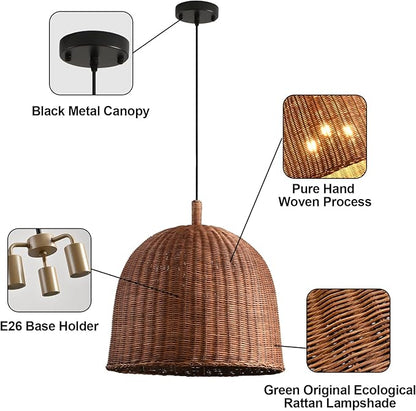 17" Rattan Pendant Light Fixtures, 3-Lights Boho Chandelier Hand Woven Pendant Light Farmhouse Hanging Light for Living Room Kitchen Island Dining Room Hallway