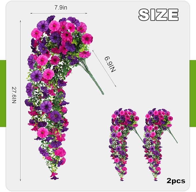 Artificial Hanging Flowers for Outdoor, 2 PCS Silk Morning Glory Faux Flowers with Eucalyptus Leaves,Realistic Hanging Plants for Wedding Home Office Garden Decor