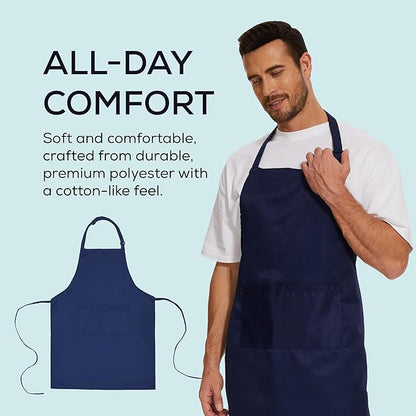 Will Well Kitchen Apron for Men and Women - 33" x 27" Oil-and-Water-Resistant with Adjustable Neck Strap and 38" Waist Ties for a Snug Fit, Lightweight with 2 Front Pockets - 2-Pack, Navy