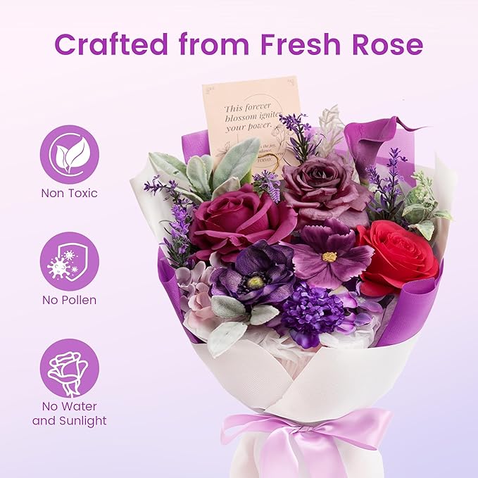 TINGE TIME Aritifical Flowers Bouquet, Purple Gift Bouquet, Birthday Gifts for Women, Eternal Roses Bouquet for Grandma Wife Anniversary