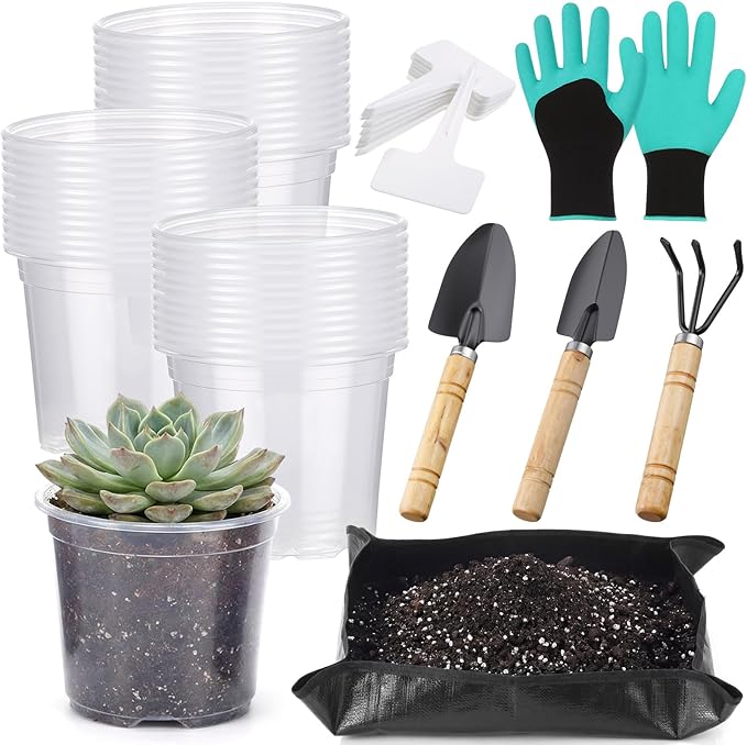 83 Pcs Garden Supplies Tools Kit, 4 Inch Clear Plastic Plant Pots with Transplanting Mat, Trowel Cultivator Rake Set, Label & Glove, Succulent Tools Gift for Plant Lovers Accessory
